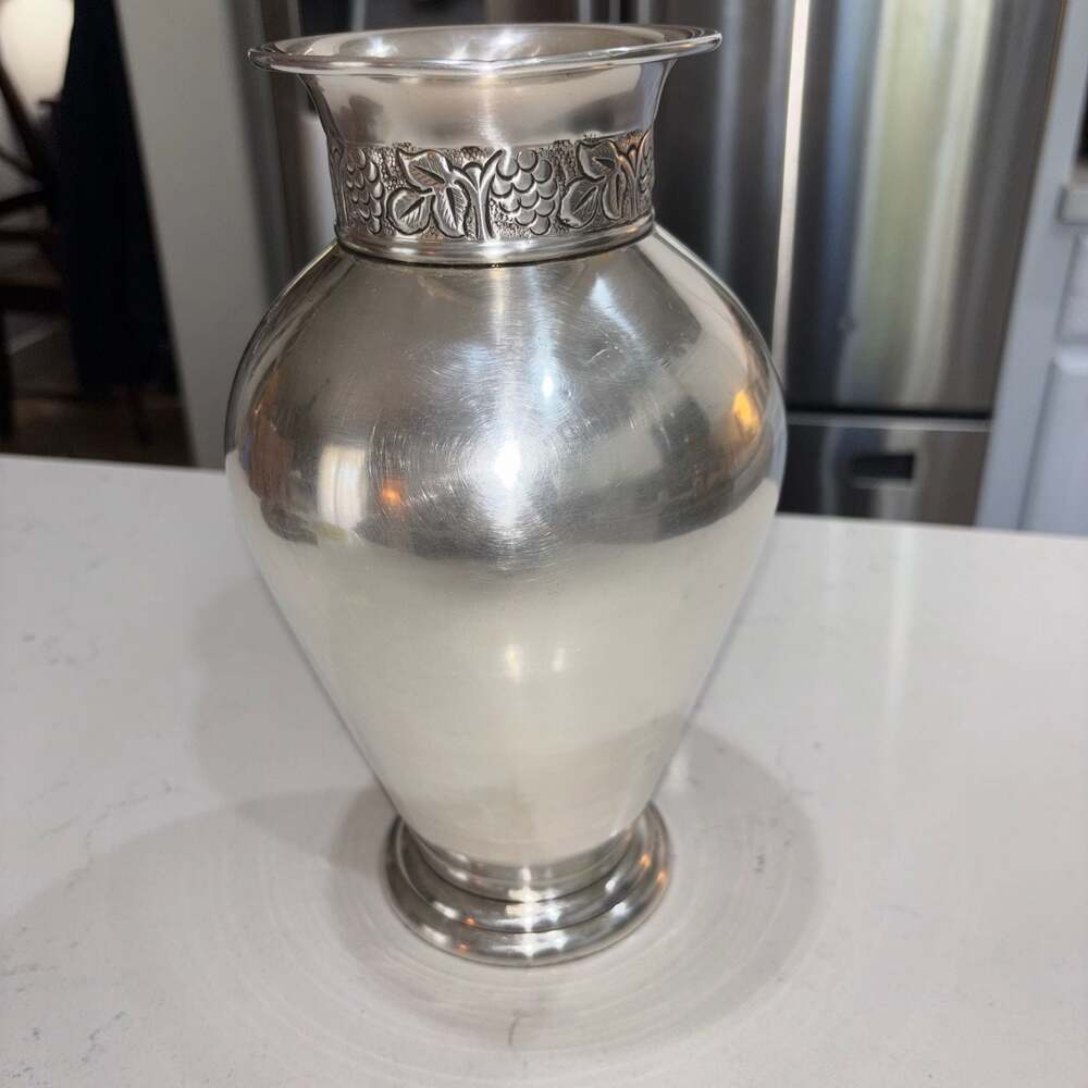 Pottery Barn Metal Vase Antique Look Embossed Grapevine Detail 10.5”